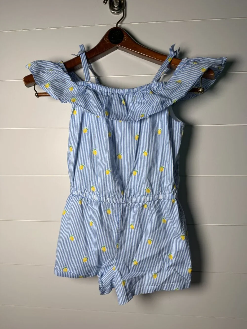 Janie & Jack Girls Short Romper Blue White Stripes with Lemons 100% Cotton Sz 7